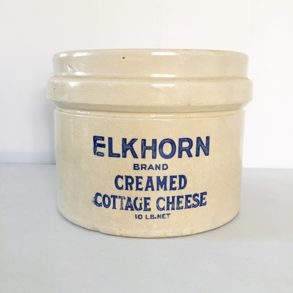 Vintage Large 10 Lb Elkhorn Brand Creamed Cottage Cheese Pottery Holder Rare